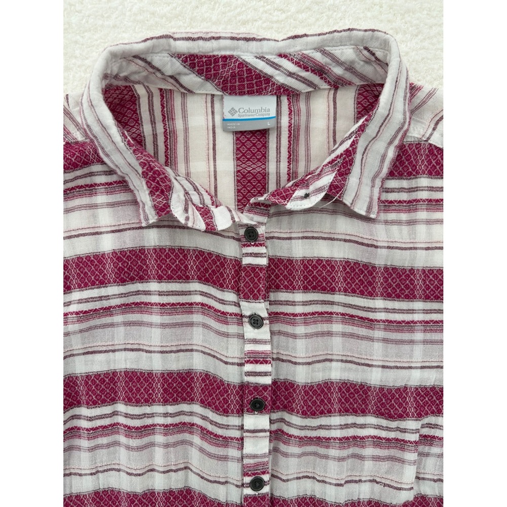 Columbia Womens Cranberry Pink White Striped Roll Tab Sleeve Tunic Shirt Large